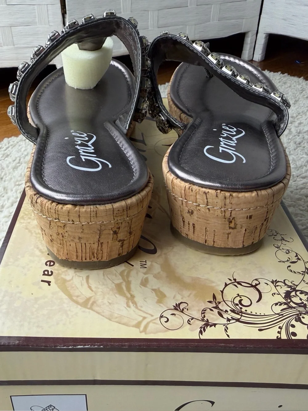 SZ 8 Grazie Black Jeweled Cork Wedge Thong Sandals